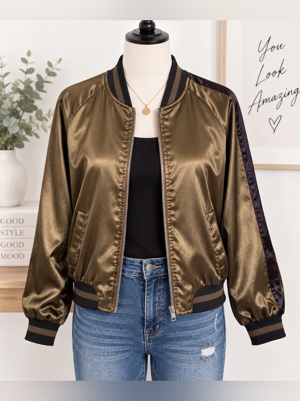 Zeagoo Metallic Bronze Satin Bomber Jacket – Size XL